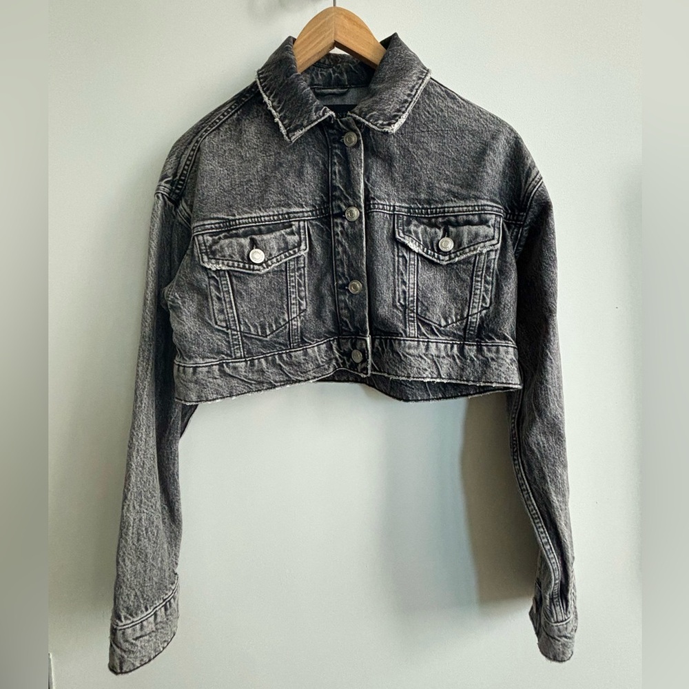 All Saints Washed Black Cropped Denim Jacket